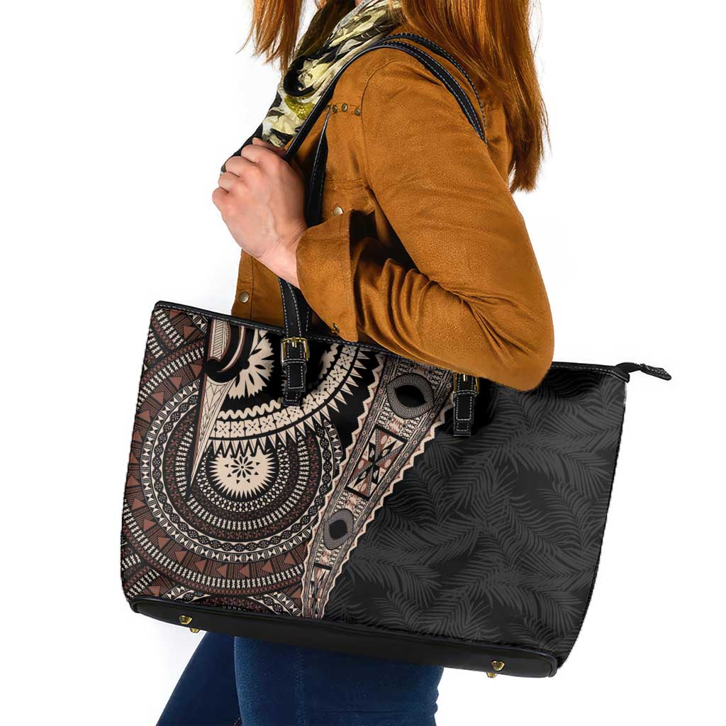 Fiji Traditional Masi Leather Tote Bag Tapa Art Palm Leaves Pattern