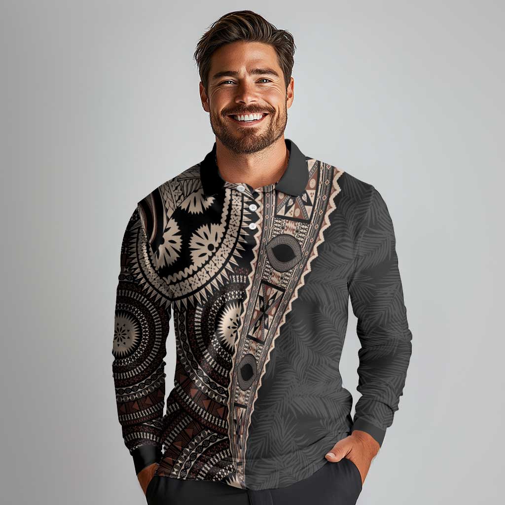 Fiji Traditional Masi Long Sleeve Polo Shirt Tapa Art Palm Leaves Pattern