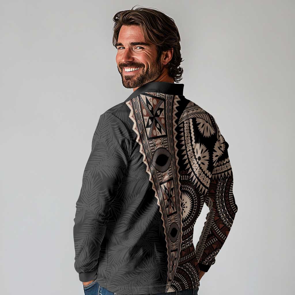 Fiji Traditional Masi Long Sleeve Polo Shirt Tapa Art Palm Leaves Pattern