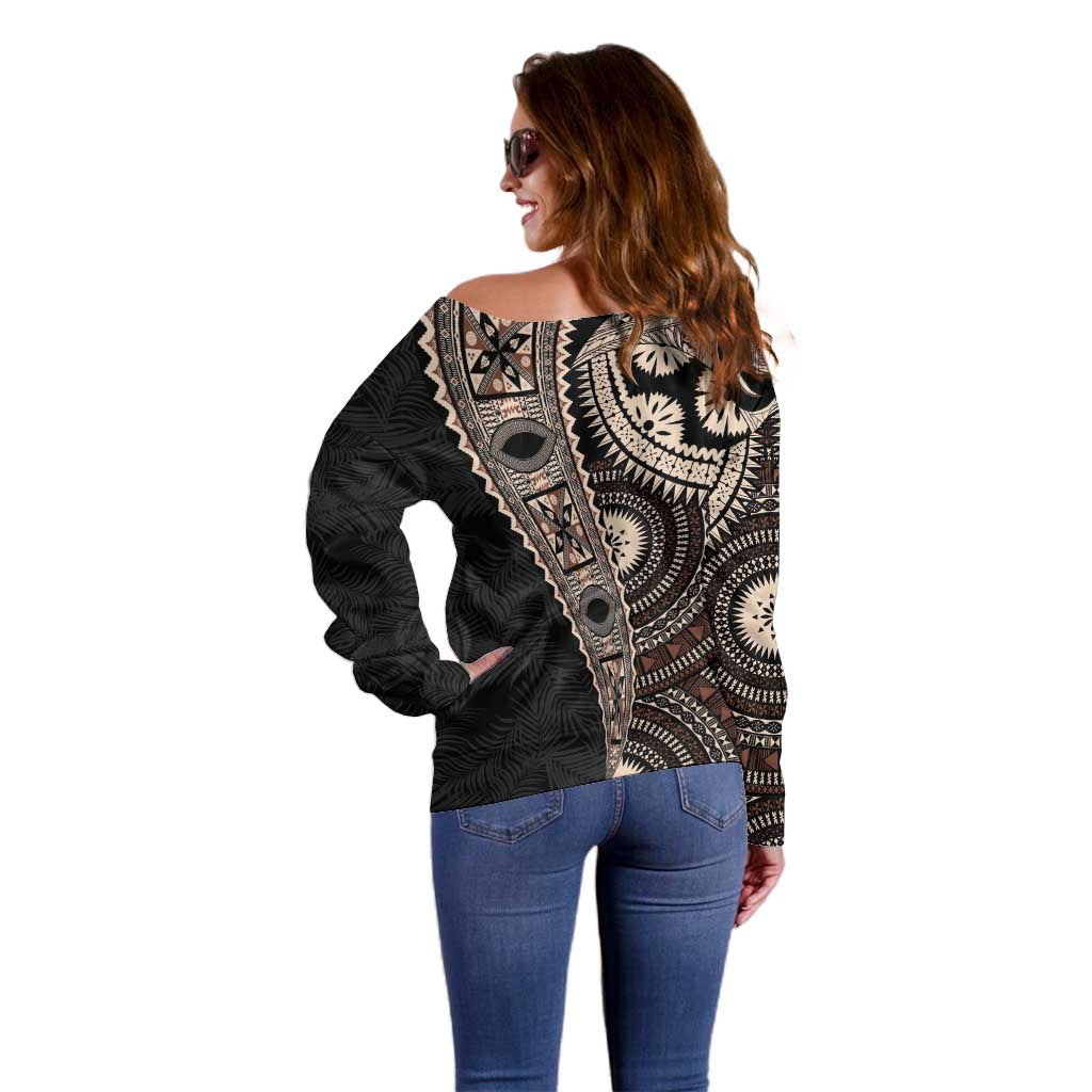 Fiji Traditional Masi Off Shoulder Sweater Tapa Art Palm Leaves Pattern