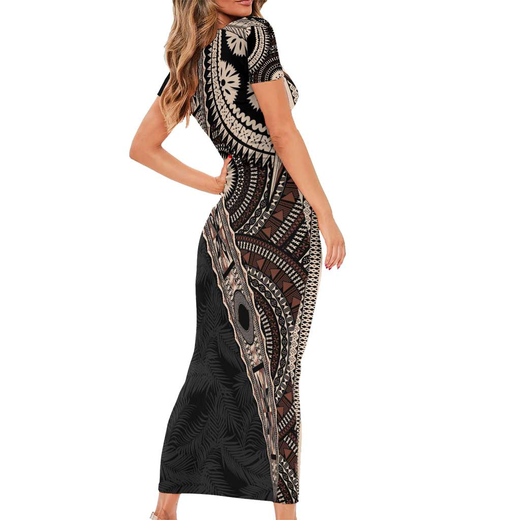 Fiji Traditional Masi Short Sleeve Bodycon Dress Tapa Art Palm Leaves Pattern
