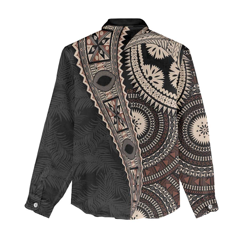 Fiji Traditional Masi Women Casual Shirt Tapa Art Palm Leaves Pattern