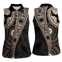 Fiji Traditional Masi Women Sleeveless Polo Shirt Tapa Art Palm Leaves Pattern