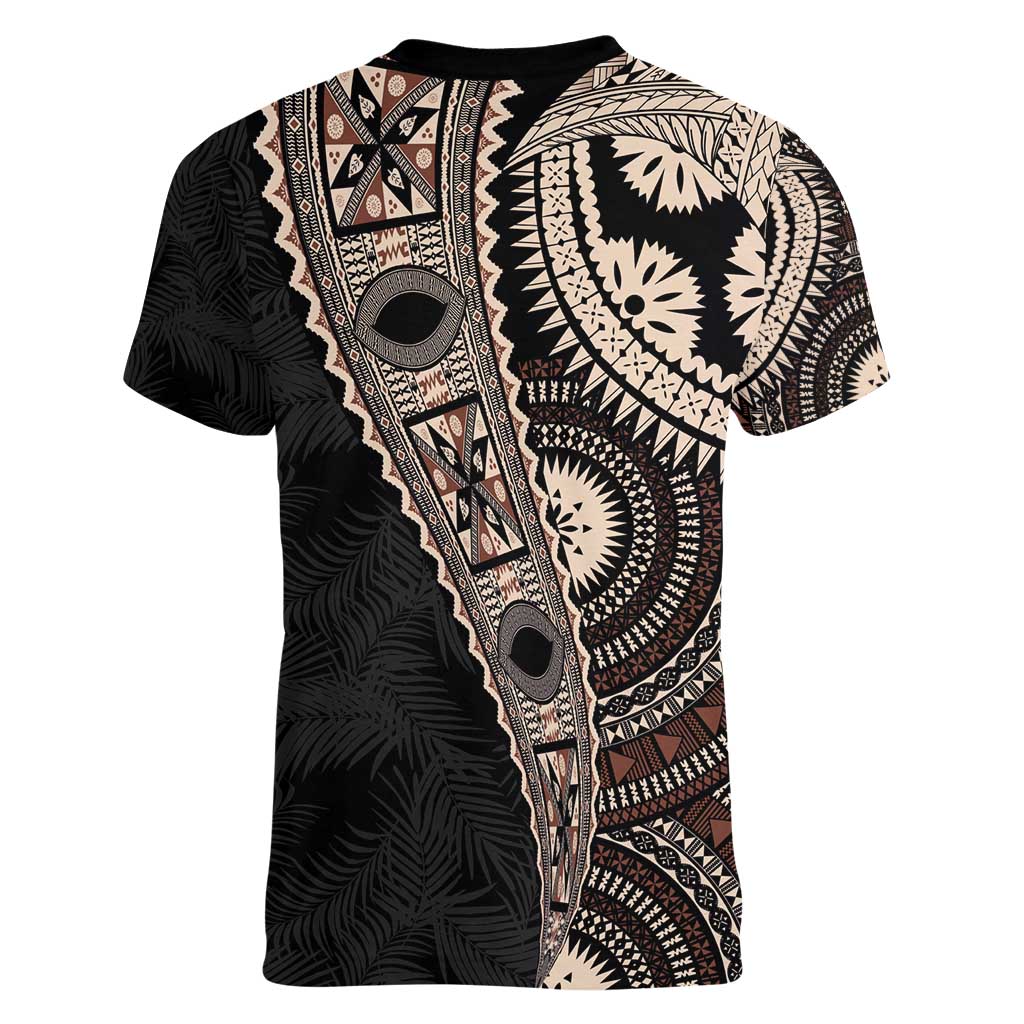 Fiji Traditional Masi Women V-Neck T-Shirt Tapa Art Palm Leaves Pattern