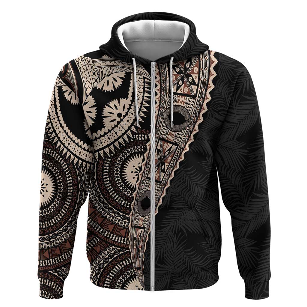 Fiji Traditional Masi Zip Hoodie Tapa Art Palm Leaves Pattern