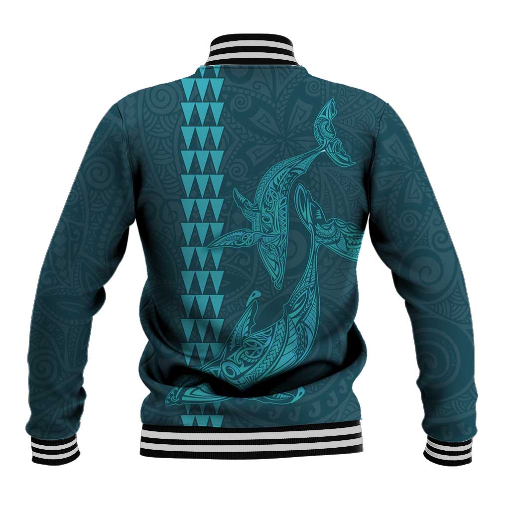 Aloha Hawaii Whale Kakau and Polynesian Tattoo Baseball Jacket Turquoise Color