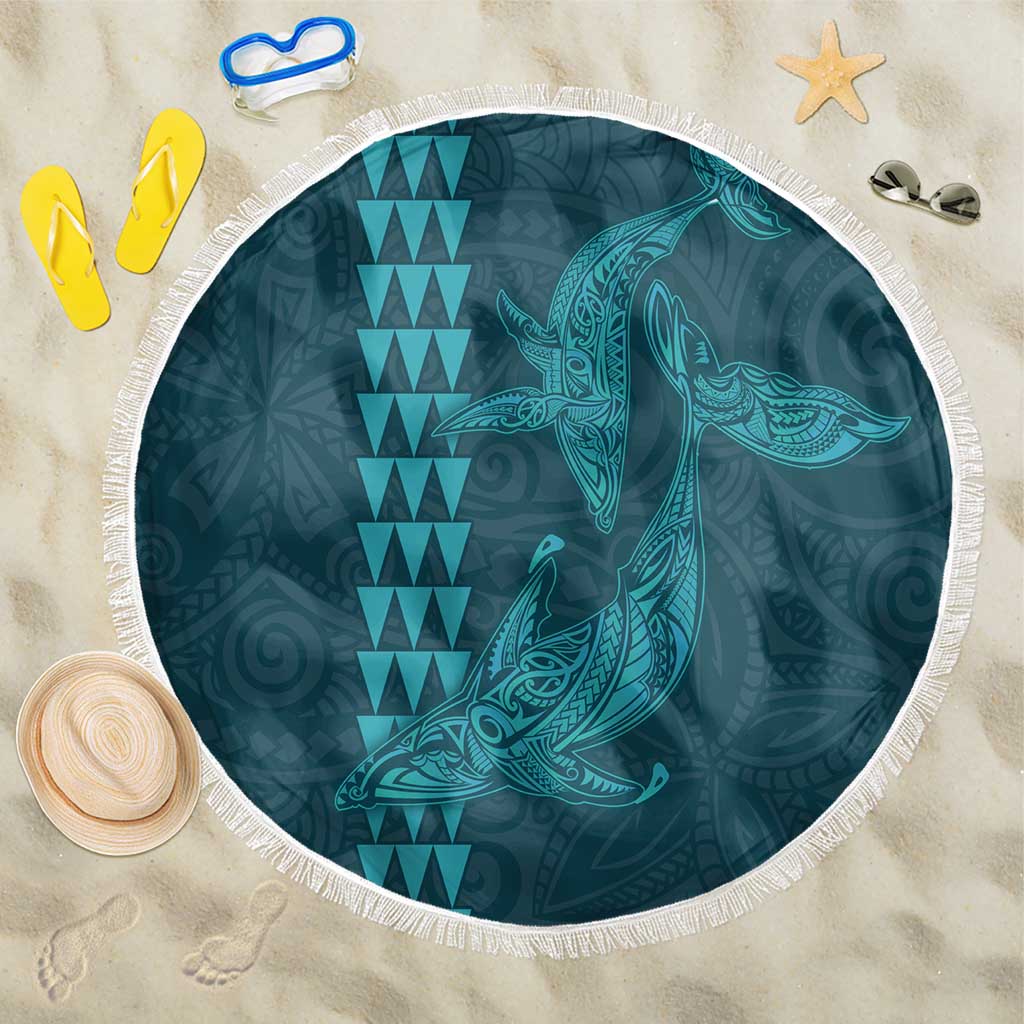 Aloha Hawaii Whale Kakau and Polynesian Tattoo Beach Blanket Turquoise Color