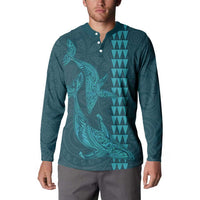 Aloha Hawaii Whale Kakau and Polynesian Tattoo Button Sweatshirt Turquoise Color