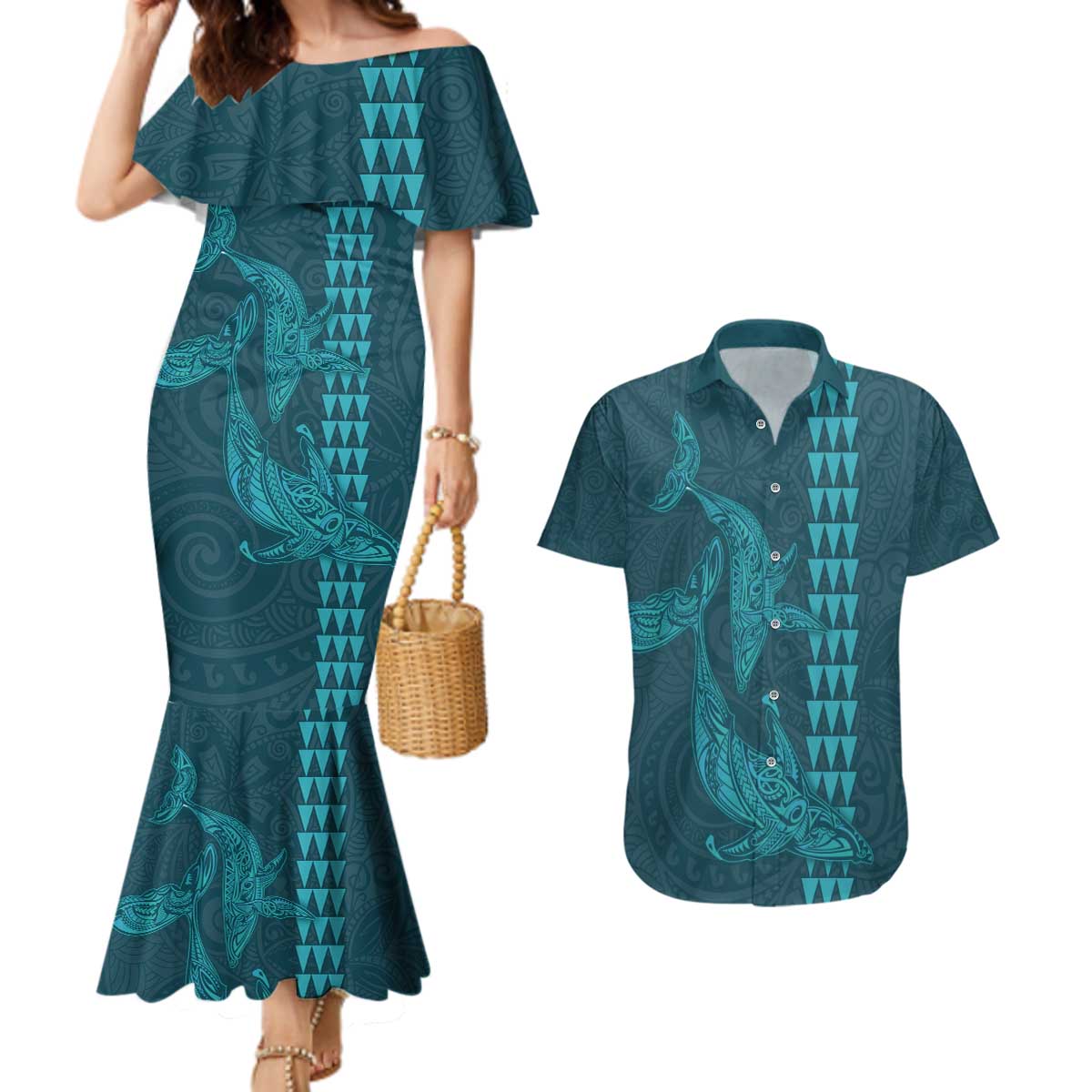 Aloha Hawaii Whale Kakau and Polynesian Tattoo Couples Matching Mermaid Dress and Hawaiian Shirt Turquoise Color LT03 Turquoise - Polynesian Pride