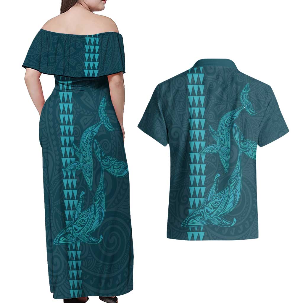 Aloha Hawaii Whale Kakau and Polynesian Tattoo Couples Matching Off Shoulder Maxi Dress and Hawaiian Shirt Turquoise Color LT03 - Polynesian Pride