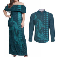 Aloha Hawaii Whale Kakau and Polynesian Tattoo Couples Matching Off Shoulder Maxi Dress and Long Sleeve Button Shirt Turquoise Color