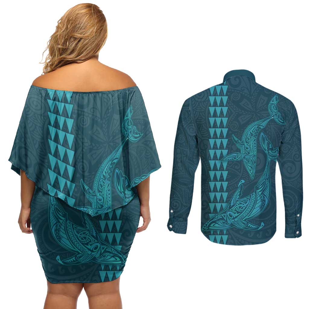 Aloha Hawaii Whale Kakau and Polynesian Tattoo Couples Matching Off Shoulder Short Dress and Long Sleeve Button Shirt Turquoise Color