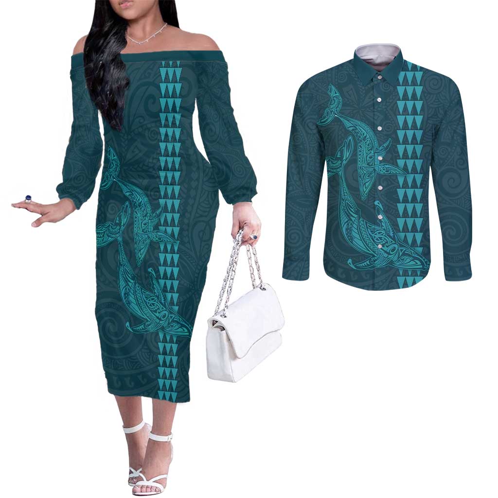 Aloha Hawaii Whale Kakau and Polynesian Tattoo Couples Matching Off The Shoulder Long Sleeve Dress and Long Sleeve Button Shirt Turquoise Color