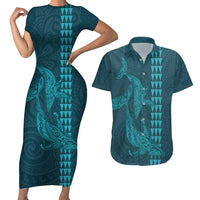 Aloha Hawaii Whale Kakau and Polynesian Tattoo Couples Matching Short Sleeve Bodycon Dress and Hawaiian Shirt Turquoise Color LT03 Turquoise - Polynesian Pride