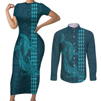 Aloha Hawaii Whale Kakau and Polynesian Tattoo Couples Matching Short Sleeve Bodycon Dress and Long Sleeve Button Shirt Turquoise Color