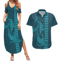 Aloha Hawaii Whale Kakau and Polynesian Tattoo Couples Matching Summer Maxi Dress and Hawaiian Shirt Turquoise Color