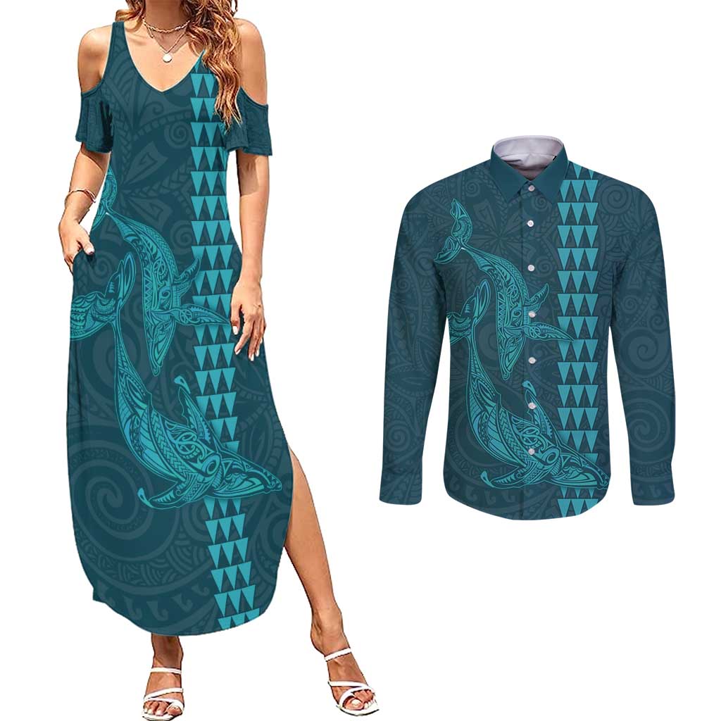 Aloha Hawaii Whale Kakau and Polynesian Tattoo Couples Matching Summer Maxi Dress and Long Sleeve Button Shirt Turquoise Color