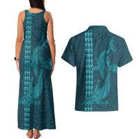 Aloha Hawaii Whale Kakau and Polynesian Tattoo Couples Matching Tank Maxi Dress and Hawaiian Shirt Turquoise Color