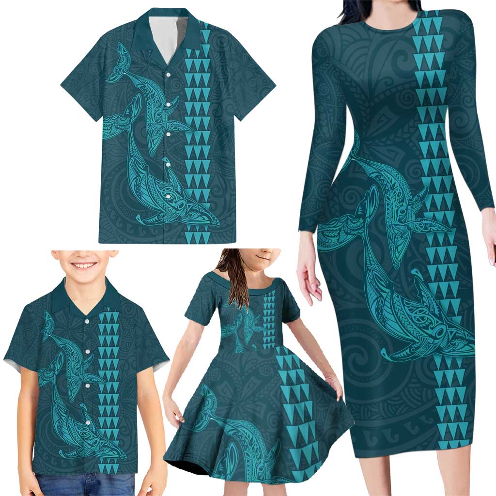 Aloha Hawaii Whale Kakau and Polynesian Tattoo Family Matching Long Sleeve Bodycon Dress and Hawaiian Shirt Turquoise Color LT03 - Polynesian Pride