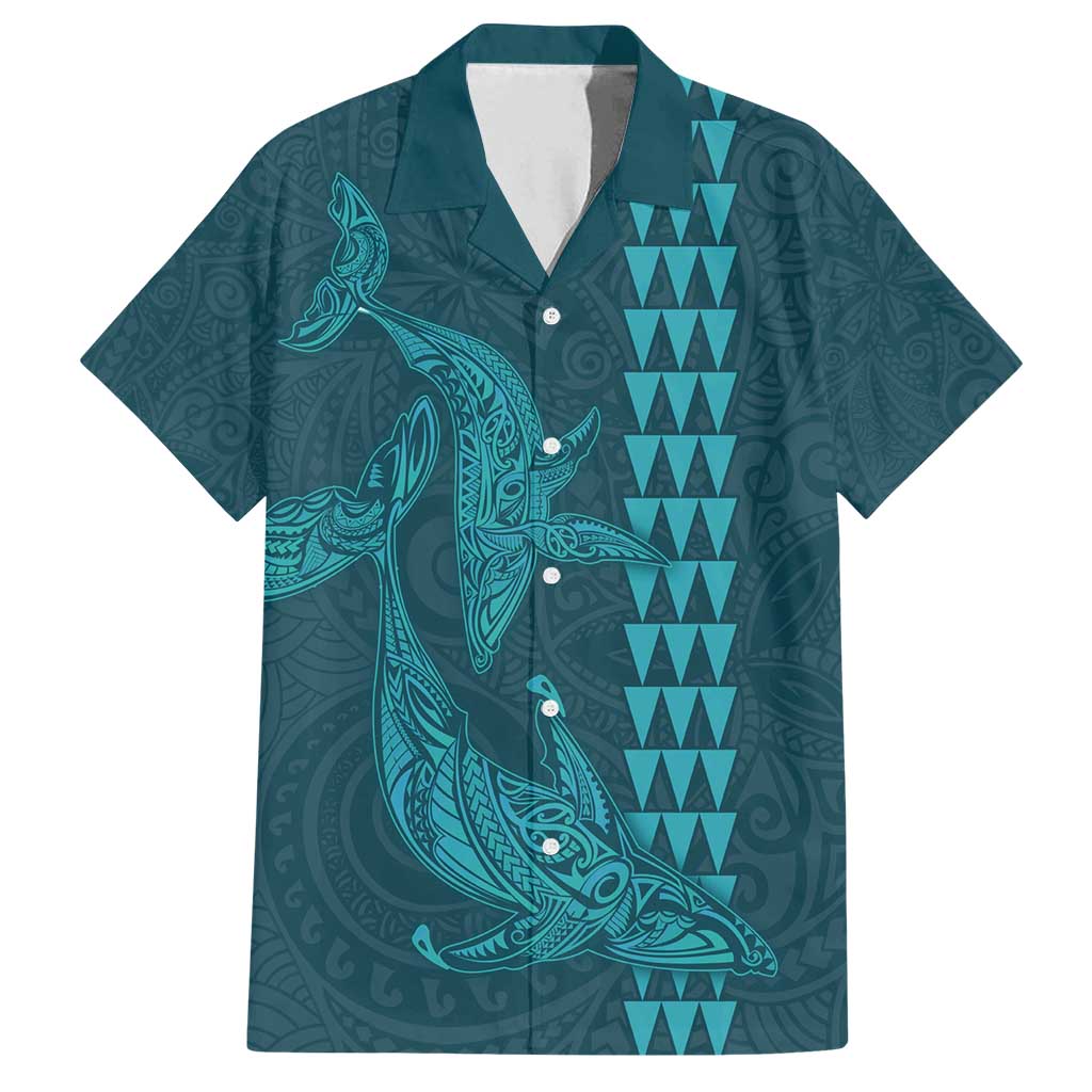 Aloha Hawaii Whale Kakau and Polynesian Tattoo Family Matching Long Sleeve Bodycon Dress and Hawaiian Shirt Turquoise Color LT03 Dad's Shirt - Short Sleeve Turquoise - Polynesian Pride