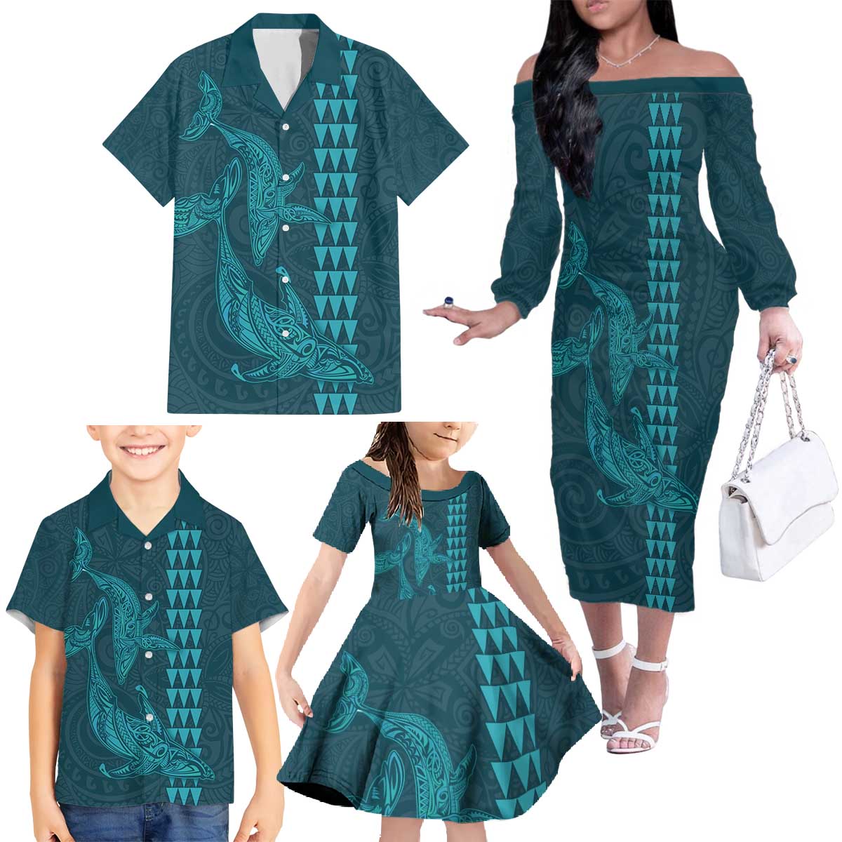 Aloha Hawaii Whale Kakau and Polynesian Tattoo Family Matching Off The Shoulder Long Sleeve Dress and Hawaiian Shirt Turquoise Color LT03 - Polynesian Pride