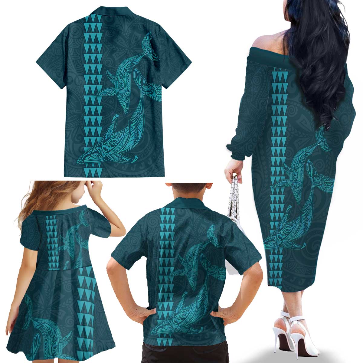 Aloha Hawaii Whale Kakau and Polynesian Tattoo Family Matching Off The Shoulder Long Sleeve Dress and Hawaiian Shirt Turquoise Color LT03 - Polynesian Pride