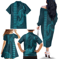 Aloha Hawaii Whale Kakau and Polynesian Tattoo Family Matching Off The Shoulder Long Sleeve Dress and Hawaiian Shirt Turquoise Color LT03 - Polynesian Pride