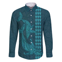 Aloha Hawaii Whale Kakau and Polynesian Tattoo Family Matching Off The Shoulder Long Sleeve Dress and Hawaiian Shirt Turquoise Color LT03 Dad's Shirt - Long Sleeve Turquoise - Polynesian Pride