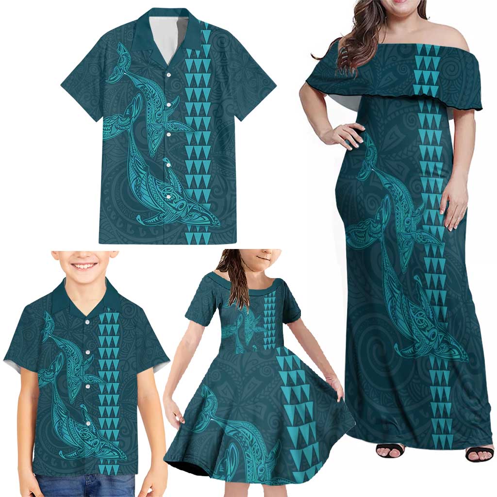 Aloha Hawaii Whale Kakau and Polynesian Tattoo Family Matching Off Shoulder Maxi Dress and Hawaiian Shirt Turquoise Color LT03 - Polynesian Pride