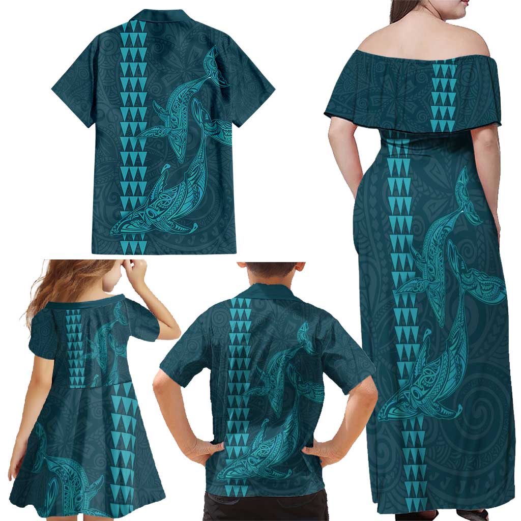 Aloha Hawaii Whale Kakau and Polynesian Tattoo Family Matching Off Shoulder Maxi Dress and Hawaiian Shirt Turquoise Color LT03 - Polynesian Pride