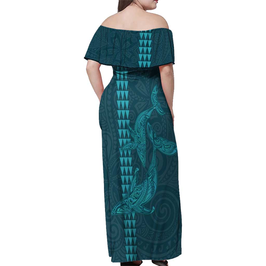 Aloha Hawaii Whale Kakau and Polynesian Tattoo Family Matching Off Shoulder Maxi Dress and Hawaiian Shirt Turquoise Color LT03 - Polynesian Pride