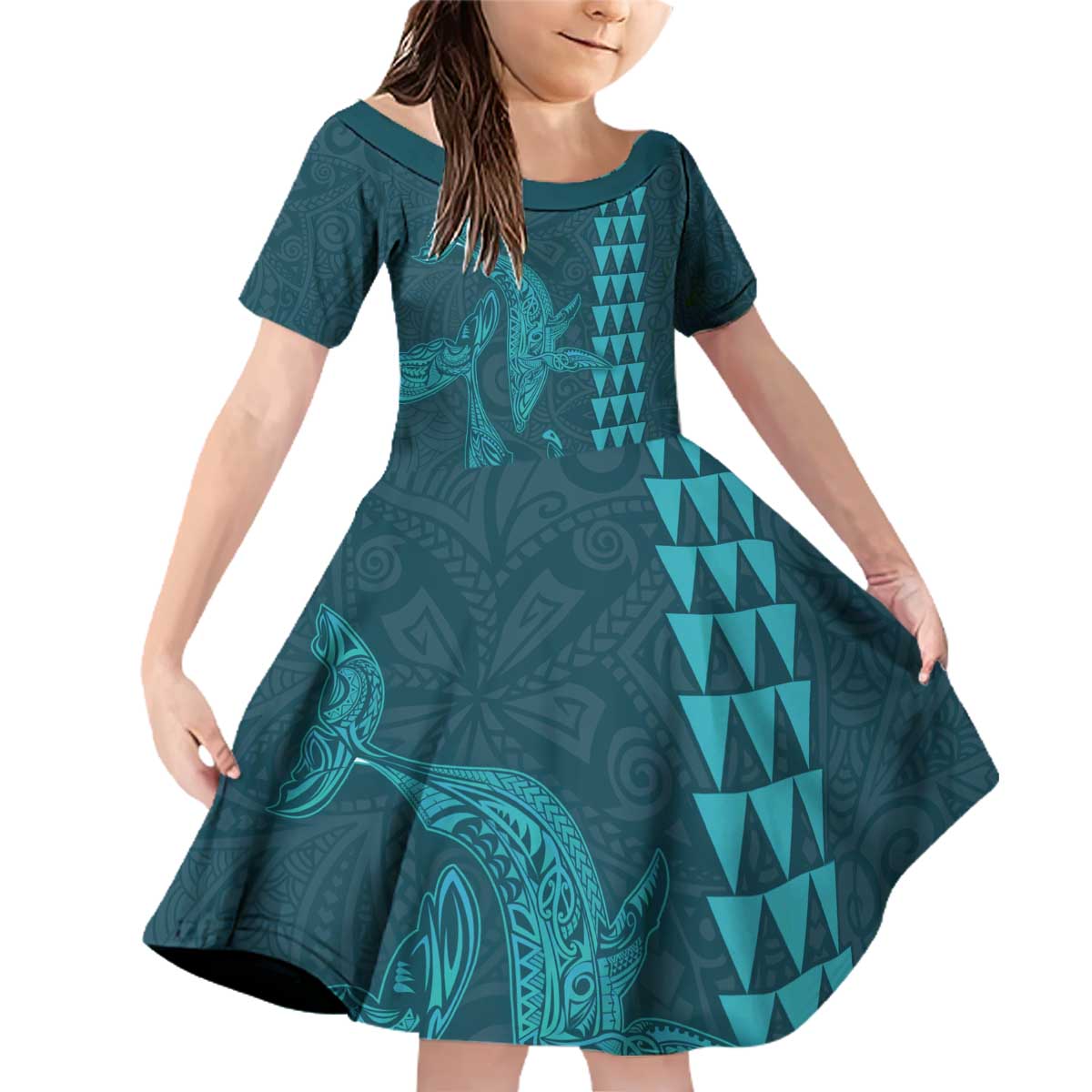 Aloha Hawaii Whale Kakau and Polynesian Tattoo Family Matching Off Shoulder Short Dress and Hawaiian Shirt Turquoise Color LT03 Daughter's Dress Turquoise - Polynesian Pride