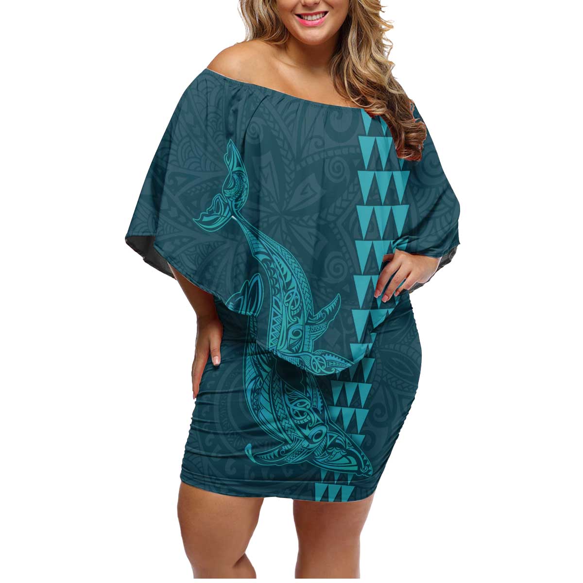 Aloha Hawaii Whale Kakau and Polynesian Tattoo Family Matching Off Shoulder Short Dress and Hawaiian Shirt Turquoise Color LT03 Mom's Dress Turquoise - Polynesian Pride