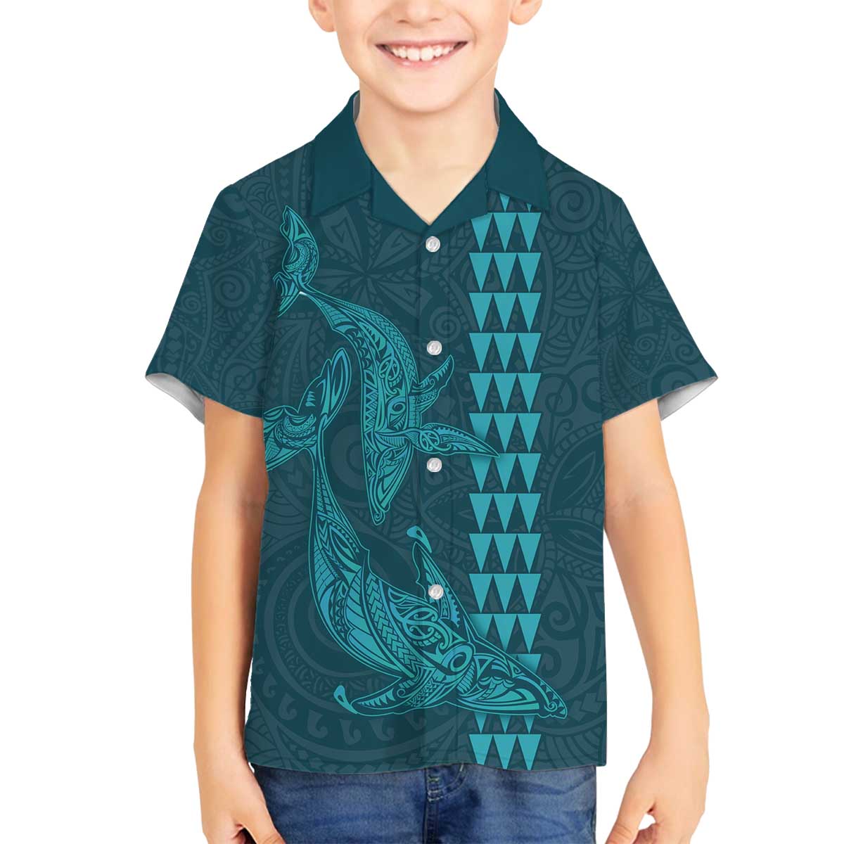 Aloha Hawaii Whale Kakau and Polynesian Tattoo Family Matching Off Shoulder Short Dress and Hawaiian Shirt Turquoise Color LT03 Son's Shirt Turquoise - Polynesian Pride