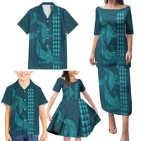 Aloha Hawaii Whale Kakau and Polynesian Tattoo Family Matching Puletasi and Hawaiian Shirt Turquoise Color LT03 - Polynesian Pride