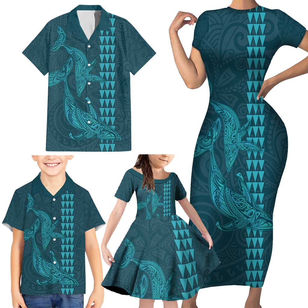 Aloha Hawaii Whale Kakau and Polynesian Tattoo Family Matching Short Sleeve Bodycon Dress and Hawaiian Shirt Turquoise Color LT03 - Polynesian Pride