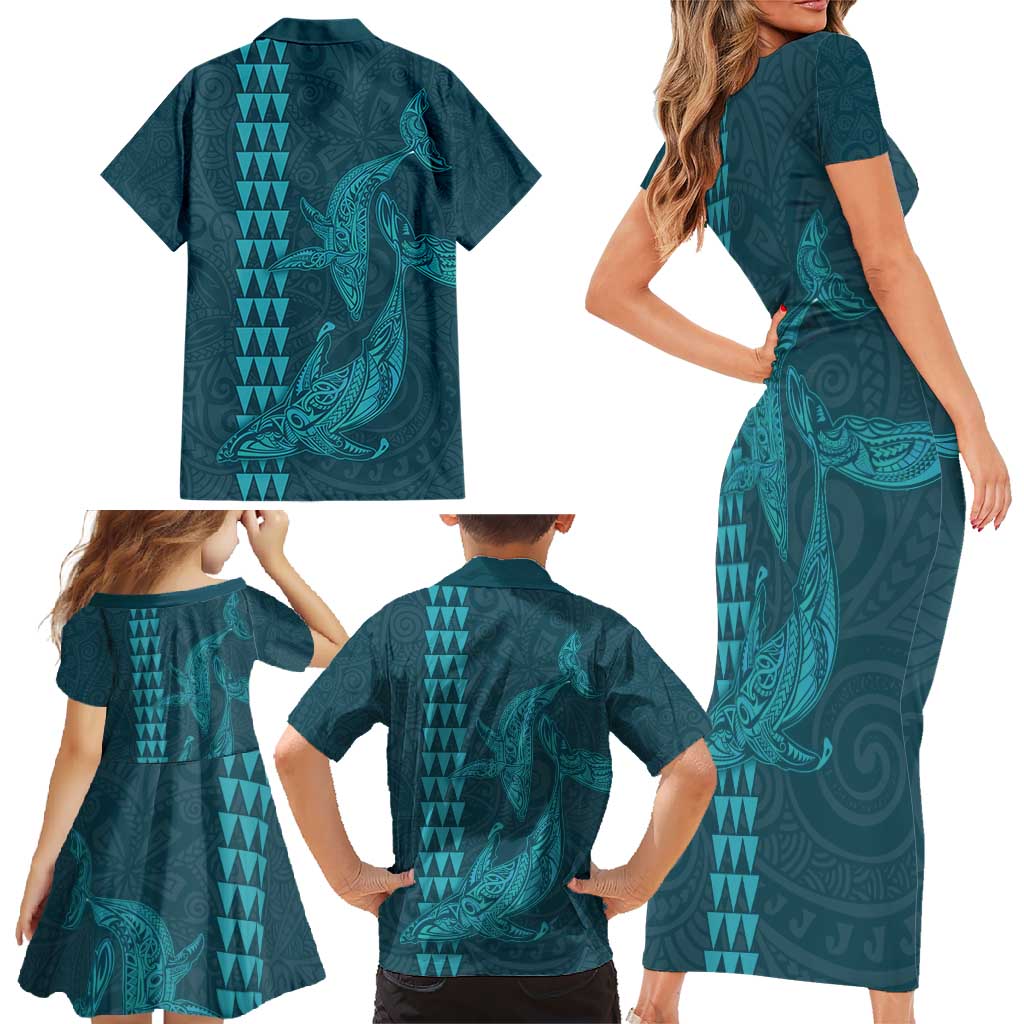 Aloha Hawaii Whale Kakau and Polynesian Tattoo Family Matching Short Sleeve Bodycon Dress and Hawaiian Shirt Turquoise Color LT03 - Polynesian Pride