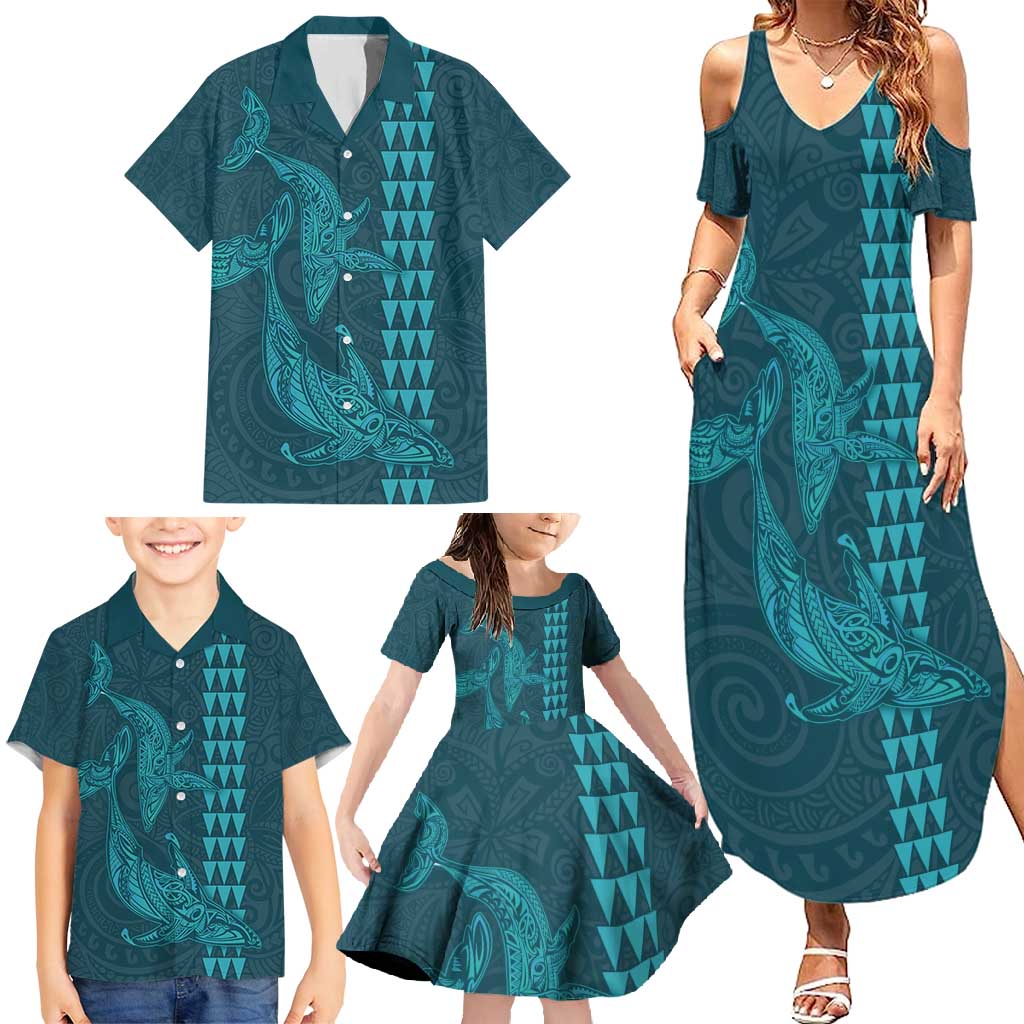 Aloha Hawaii Whale Kakau and Polynesian Tattoo Family Matching Summer Maxi Dress and Hawaiian Shirt Turquoise Color LT03 - Polynesian Pride