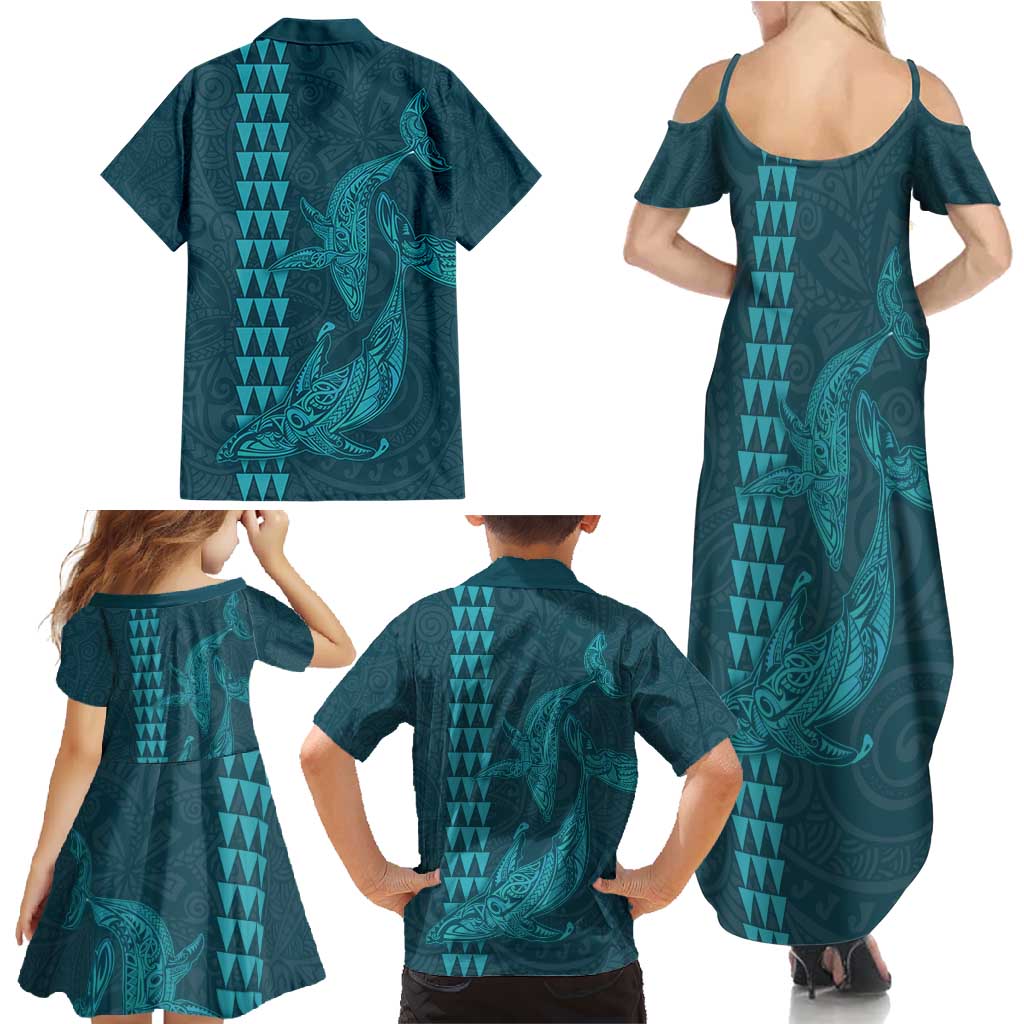 Aloha Hawaii Whale Kakau and Polynesian Tattoo Family Matching Summer Maxi Dress and Hawaiian Shirt Turquoise Color LT03 - Polynesian Pride