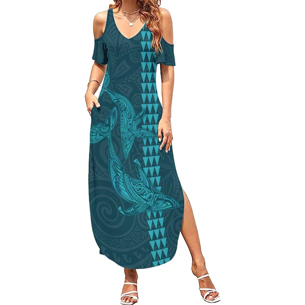 Aloha Hawaii Whale Kakau and Polynesian Tattoo Family Matching Summer Maxi Dress and Hawaiian Shirt Turquoise Color LT03 Mom's Dress Turquoise - Polynesian Pride