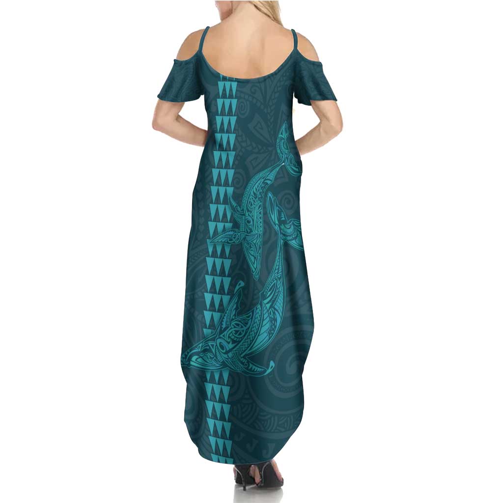 Aloha Hawaii Whale Kakau and Polynesian Tattoo Family Matching Summer Maxi Dress and Hawaiian Shirt Turquoise Color LT03 - Polynesian Pride