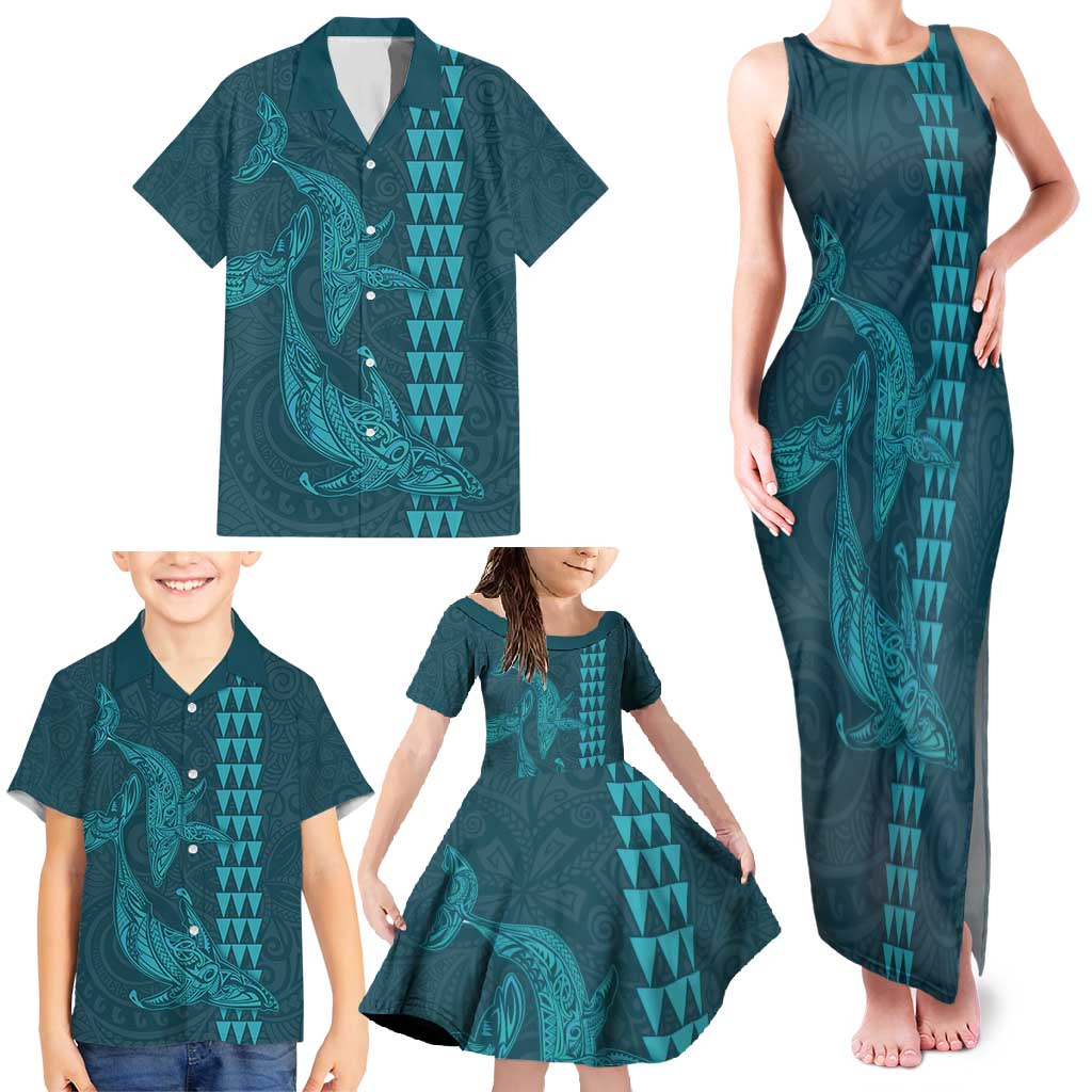 Aloha Hawaii Whale Kakau and Polynesian Tattoo Family Matching Tank Maxi Dress and Hawaiian Shirt Turquoise Color LT03 - Polynesian Pride