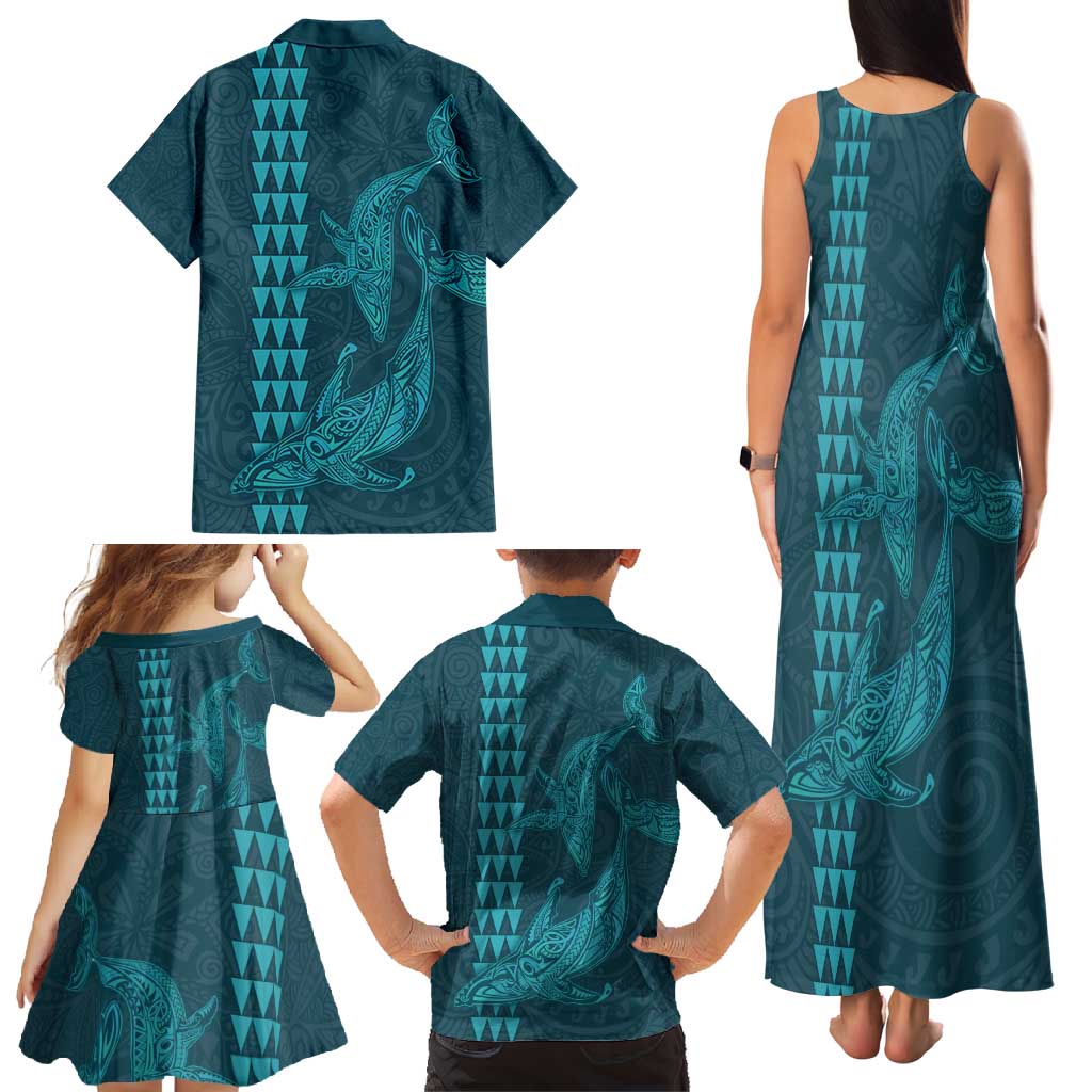 Aloha Hawaii Whale Kakau and Polynesian Tattoo Family Matching Tank Maxi Dress and Hawaiian Shirt Turquoise Color LT03 - Polynesian Pride