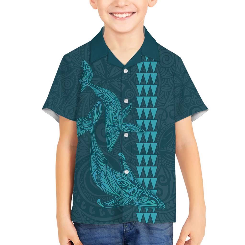 Aloha Hawaii Whale Kakau and Polynesian Tattoo Family Matching Tank Maxi Dress and Hawaiian Shirt Turquoise Color LT03 Son's Shirt Turquoise - Polynesian Pride