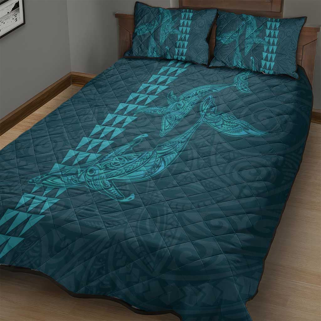 Aloha Hawaii Whale Kakau and Polynesian Tattoo Quilt Bed Set Turquoise Color