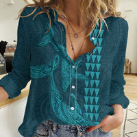 Aloha Hawaii Whale Kakau and Polynesian Tattoo Women Casual Shirt Turquoise Color