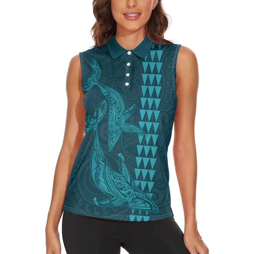 Aloha Hawaii Whale Kakau and Polynesian Tattoo Women Sleeveless Polo Shirt Turquoise Color