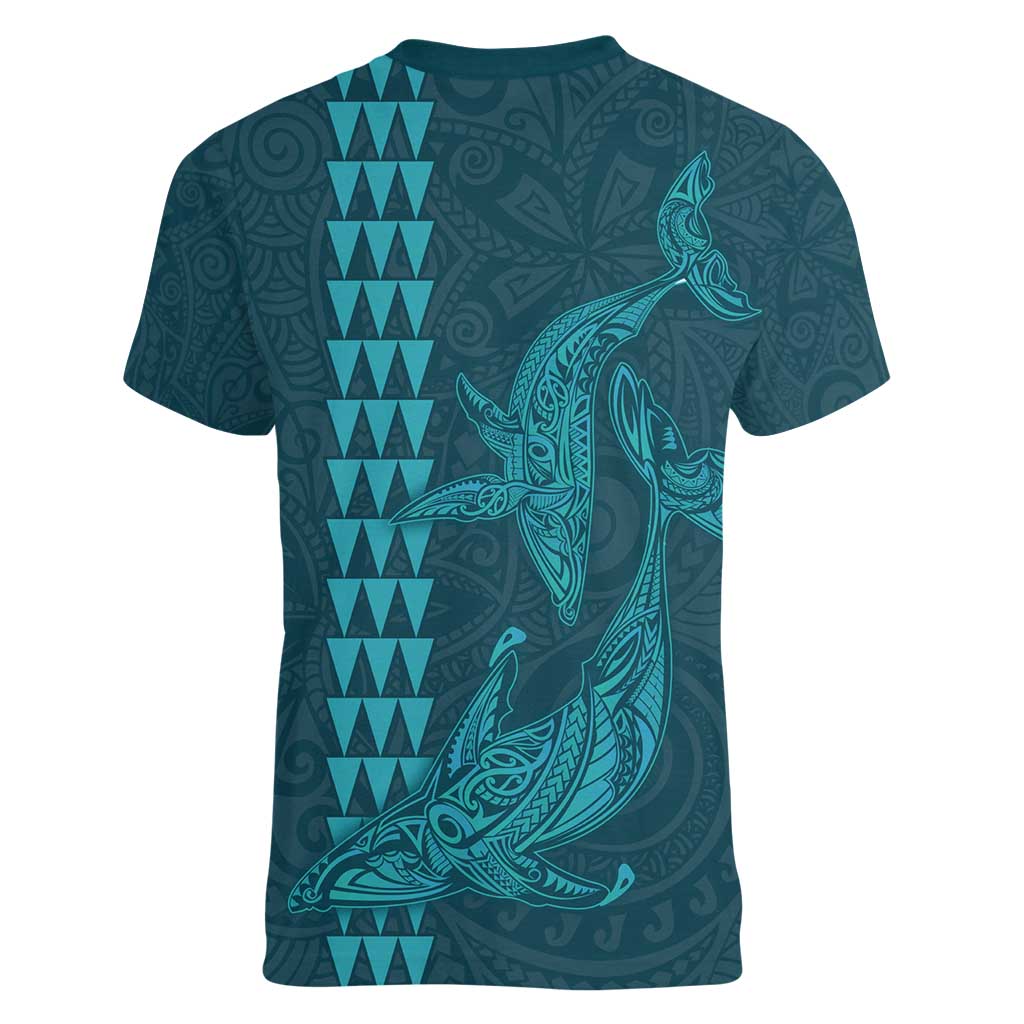 Aloha Hawaii Whale Kakau and Polynesian Tattoo Women V-Neck T-Shirt Turquoise Color