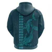 Aloha Hawaii Whale Kakau and Polynesian Tattoo Zip Hoodie Turquoise Color