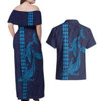 Aloha Hawaii Whale Kakau and Polynesian Tattoo Couples Matching Off Shoulder Maxi Dress and Hawaiian Shirt Dark Navy Color LT03 - Polynesian Pride
